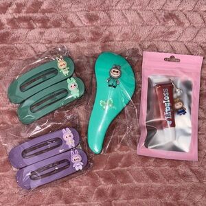 Cute Bunny Hair Clips & Detangler Brush Set - Teal & Purple Labubu monsters